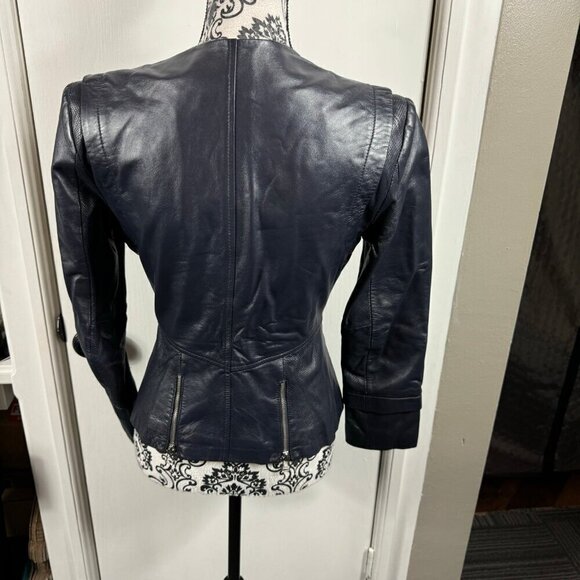 Philippe Adec navy blue 100% leather moto jacket size 4 - Picture 7 of 9